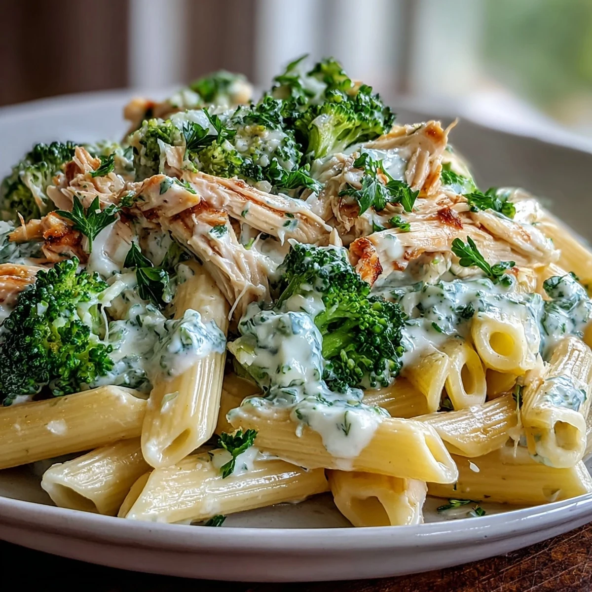 A close-up of High Protein Rotisserie Chicken Broccoli Pasta with bright green broccoli florets.