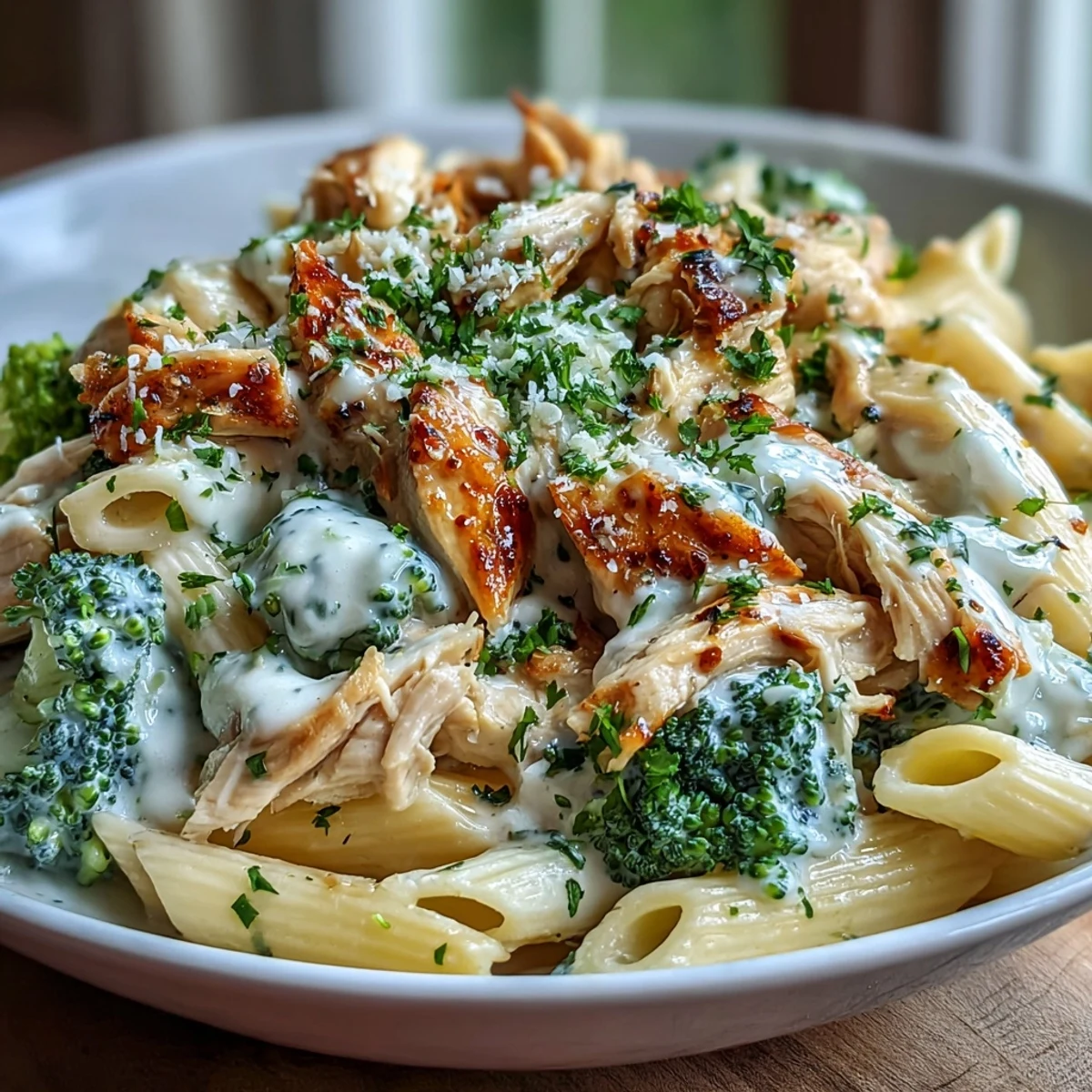 Creamy High Protein Rotisserie Chicken Broccoli Pasta in a skillet with Parmesan and lemon zest.