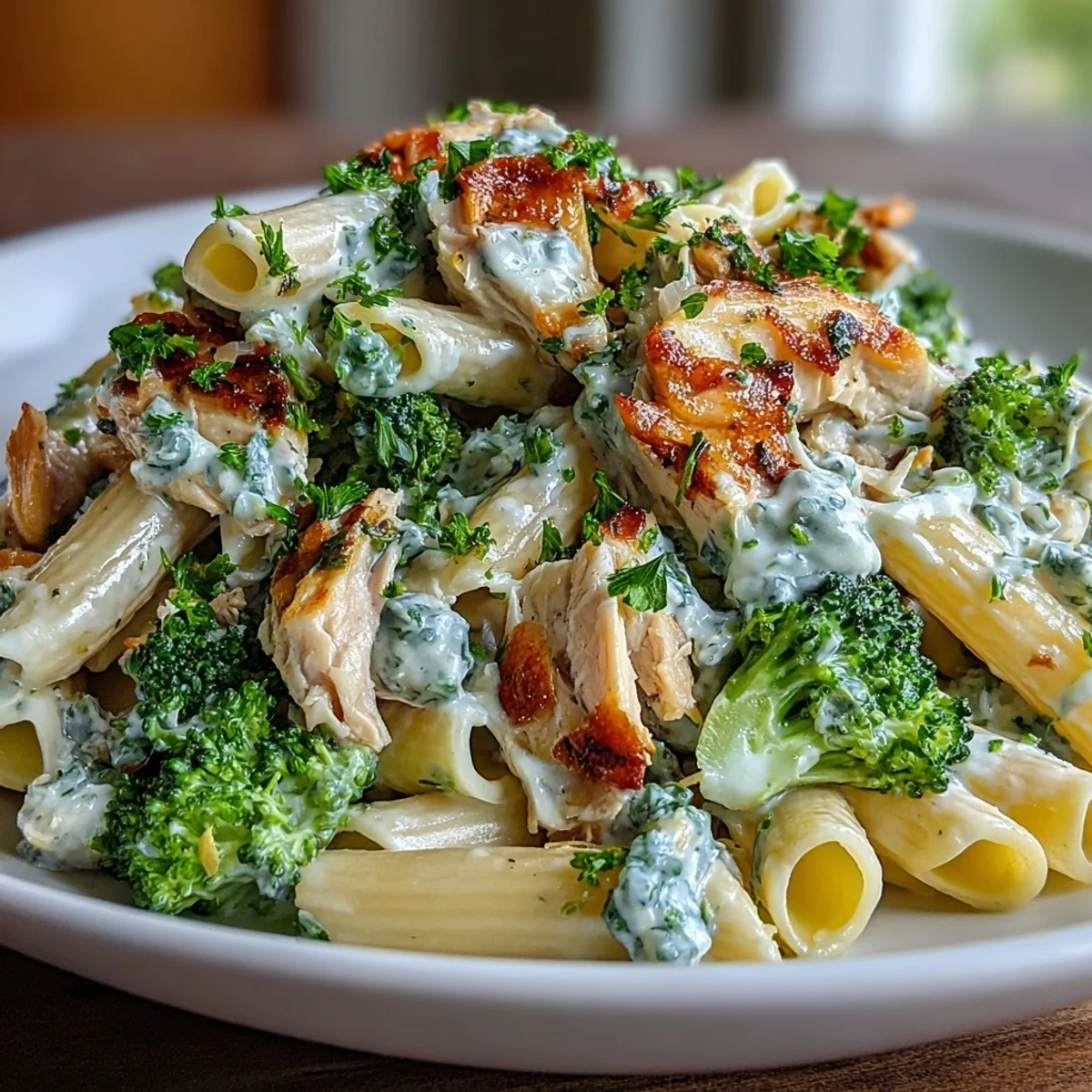 Serving High Protein Rotisserie Chicken Broccoli Pasta garnished with fresh parsley and extra Parmesan.