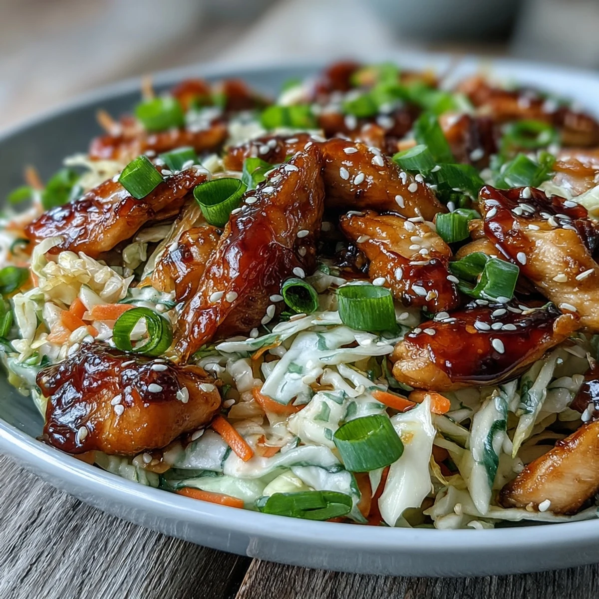 Dinner-ready Egg Roll Bowls with Chicken and Cabbage plated with sesame seeds and green onions for a crunchy, low-carb weeknight meal.