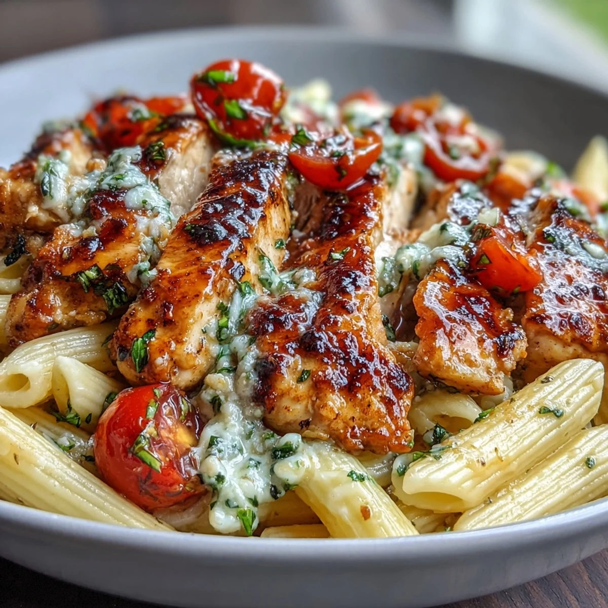 Golden seared chicken, juicy cherry tomatoes, and melted mozzarella in Bruschetta Chicken Pasta served in a white bowl.