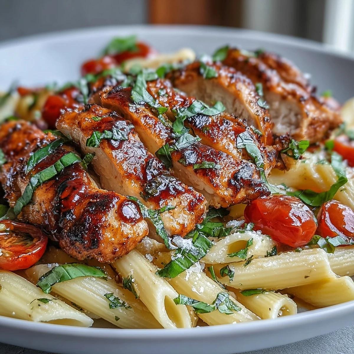 Fresh basil and grated Parmesan garnish a skillet of warm Bruschetta Chicken Pasta with al dente penne noodles.