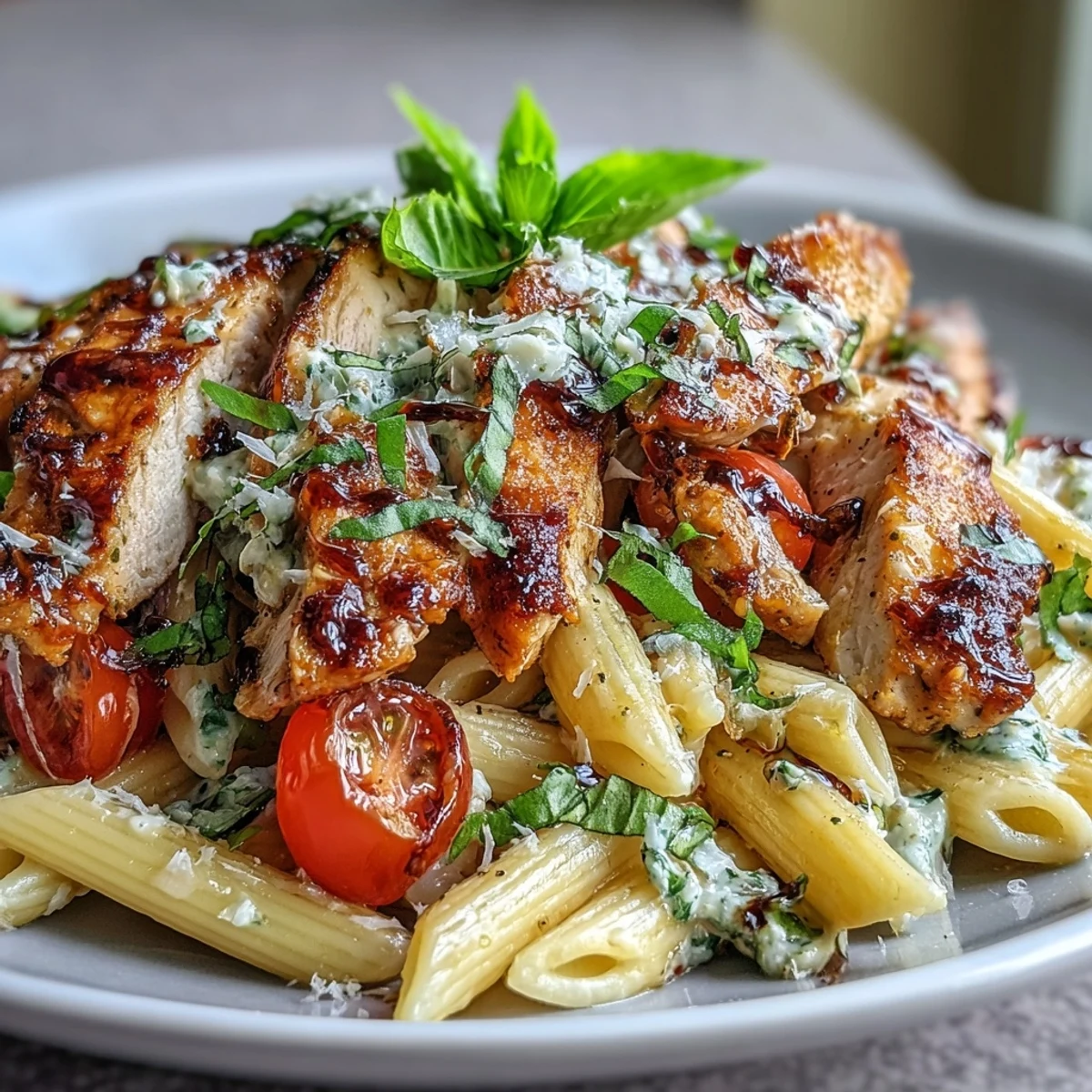 Close up of Bruschetta Chicken Pasta with balsamic glaze, cherry tomatoes, and diced mozzarella ready for dinner.