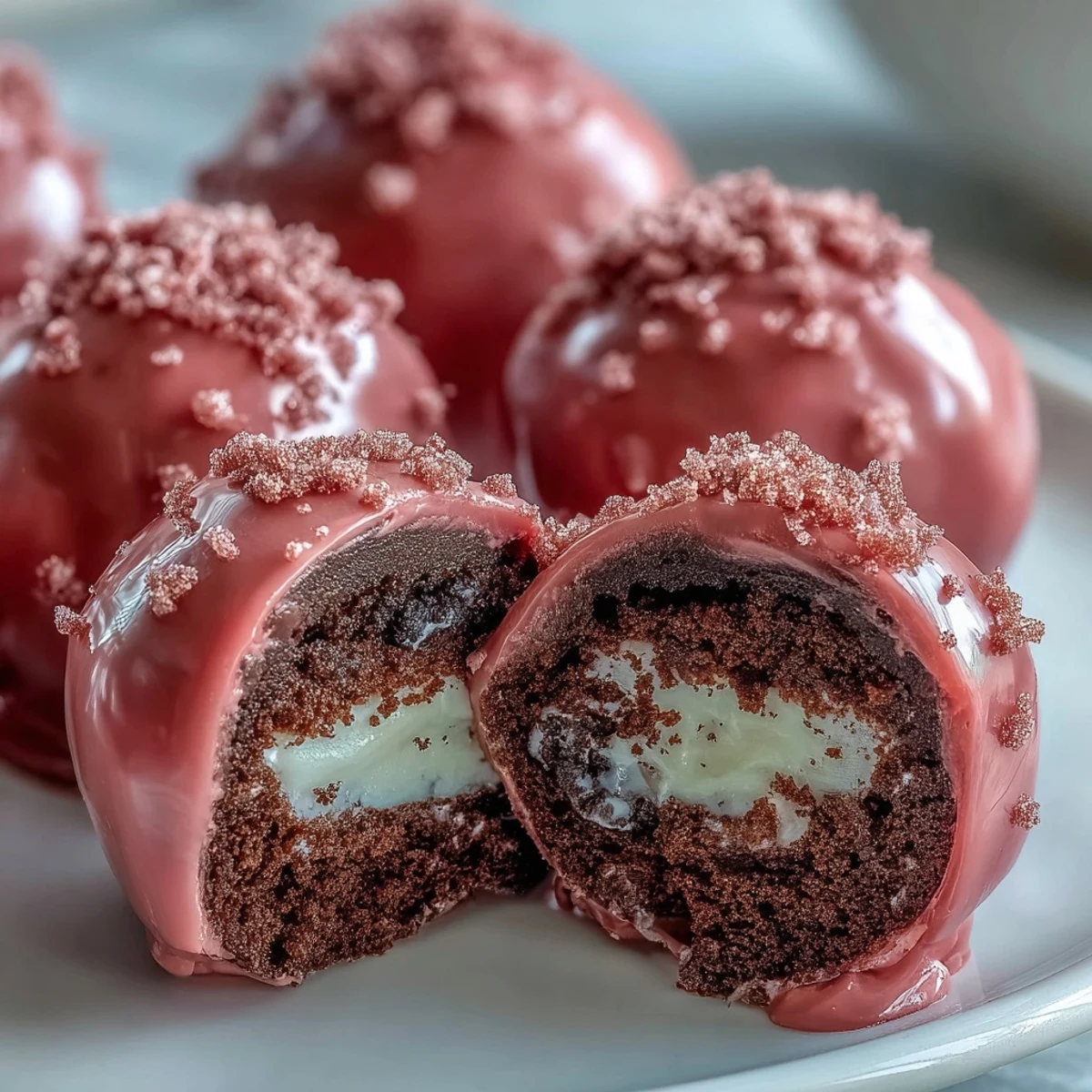 Served chilled from the refrigerator, these Oreo Truffle Balls feature a smooth pink coating decorated with festive sprinkles.