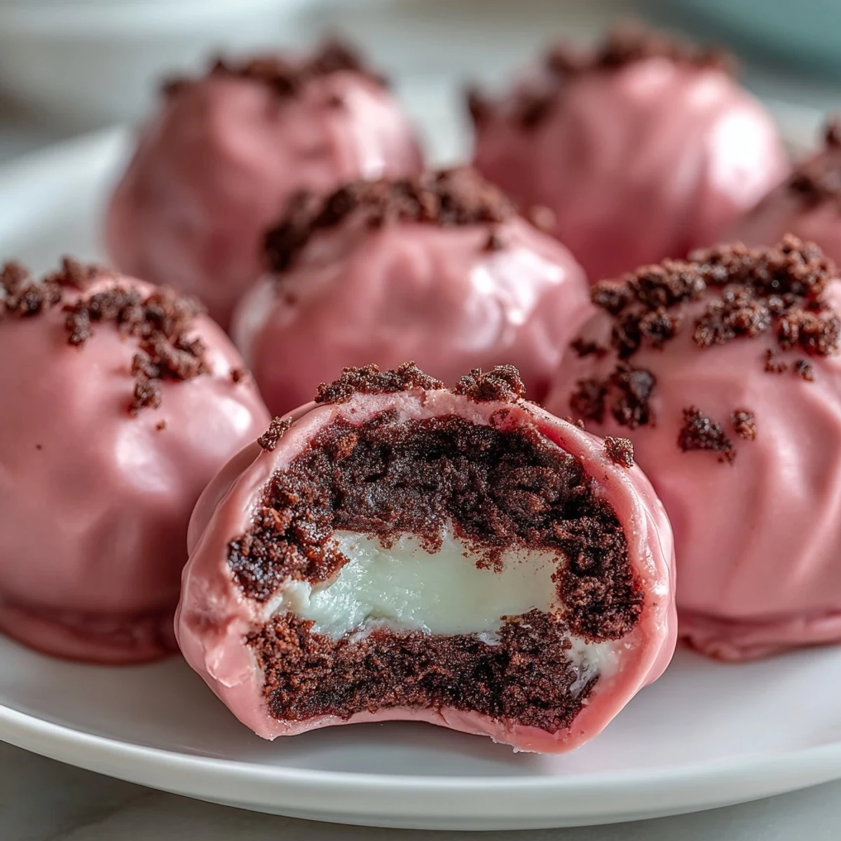 On a parchment-lined tray, Oreo Truffle Balls set with a glossy pink finish, showcasing their easy no-bake dessert preparation.