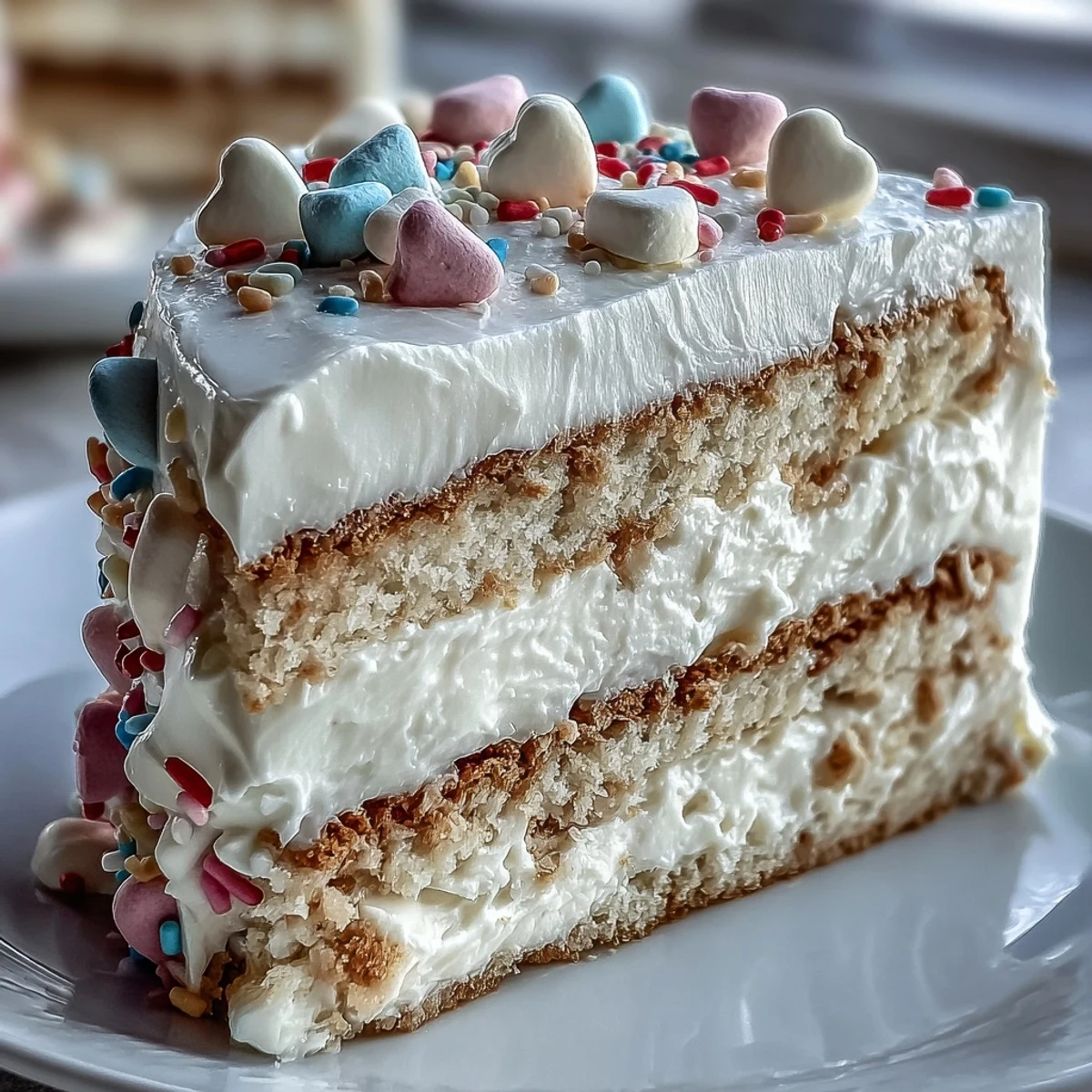 A slice of Candy Hearts Fake Cake reveals a creamy no-bake cheesecake with a buttery graham cracker crust.