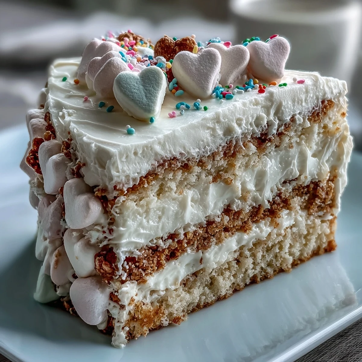 Chilled and creamy, Candy Hearts Fake Cake is served on a white plate with rainbow sprinkles.