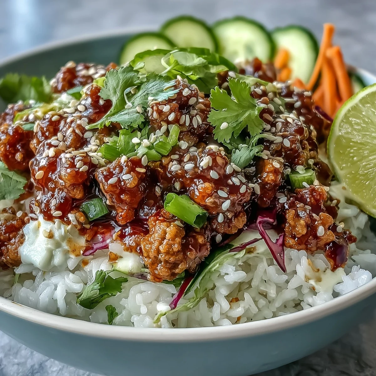 In Bang Bang Ground Turkey Rice Bowls, seasoned turkey sizzles atop steamed rice, surrounded by crisp cabbage and carrots, finished with sesame seeds.
