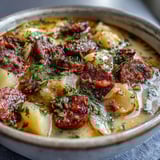 Creamy Potato, Leek and Chorizo Soup served with crusty bread for dipping on a rustic table.