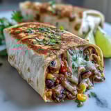 A close-up of a grilled Veggie Burrito showing a hearty filling of bell peppers and mushrooms.