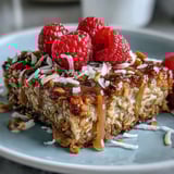 Warm baked oatmeal with raspberry and coconut in a white dish, topped with extra berries and a maple drizzle for breakfast.