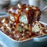 Festive smores dip baked in a cast iron skillet, topped with red, white, and blue candies for 4th of July.