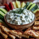 Vivid Skyr Tzatziki Dip nestled with chopped dill and grated cucumber.