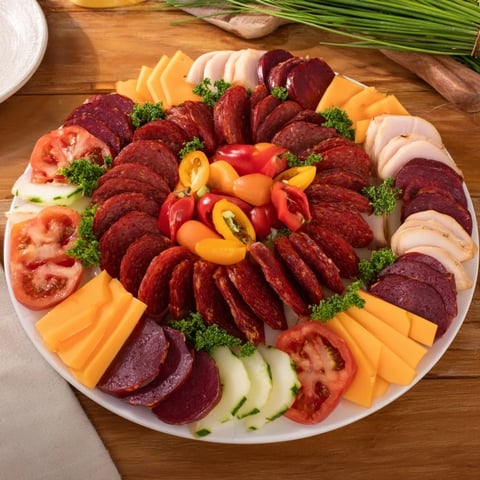 The Keto Power Plate overflows with colorful meats, cheeses, and vegetables, ready to eat now.