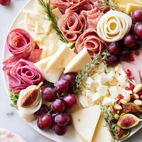 An Advanced Artisan Array charcuterie board with artful meat folds, cheeses, and garnishes.