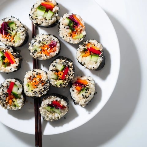 Crisp nori rolls with vegetables filled with creamy avocado, julienned carrots, and crunchy sprouts, served on a bamboo mat with a dipping sauce.