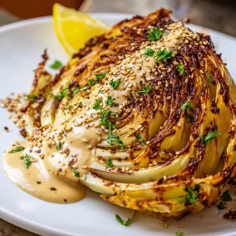 Golden roasted cabbage steaks topped with creamy tahini drizzle, fresh parsley, and sesame seeds on a rustic platter.  