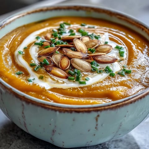 Roasted acorn squash soup garnished with toasted pumpkin seeds and chives in a rustic bowl.