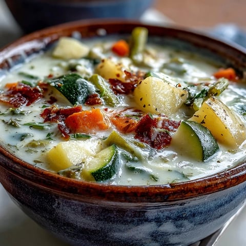 Steaming bowl of Parmesan Veggie Soup with colorful diced vegetables in a rich broth.