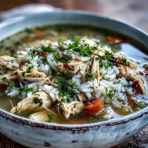 Steaming Cozy Winter Chicken and Rice Soup in a rustic bowl with shredded chicken and fresh parsley.