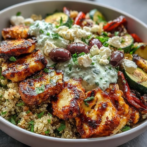 Golden-grilled zucchini, red bell peppers, and eggplant fill a bowl over fluffy quinoa with charred chicken or halloumi.