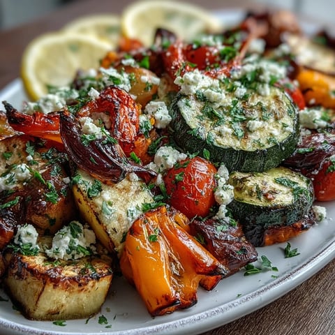 Roasted Mediterranean Greek Vegetables on a baking sheet, sizzling with herbs and caramelized edges.