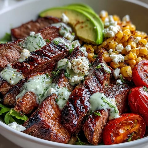 Sliced flank steak and creamy avocado top a bowl of fluffy rice, with charred roasted corn and cilantro cream sauce. 