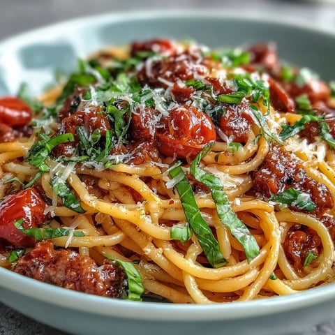 Italian Drunken Noodles with spicy sausage, sweet cherry tomatoes, and fresh basil in a bold Chianti tomato sauce.