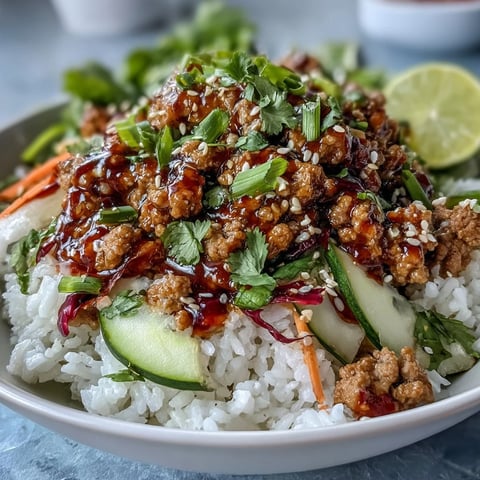 Bang Bang Ground Turkey Rice Bowls feature tender turkey in a spicy chili mayo sauce over fluffy rice with crunchy carrots and cucumbers.