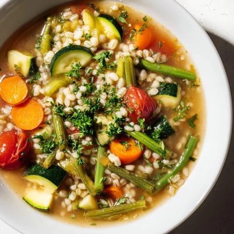 Close-up of hearty Simple Homemade Grain and Vegetable Soup, brimming with colorful vegetables.