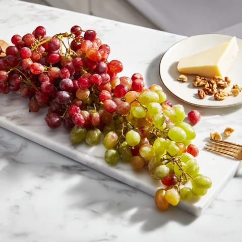 Vibrant grapes spilling over a board, ready for snacking, a simple yet elegant appetizer.