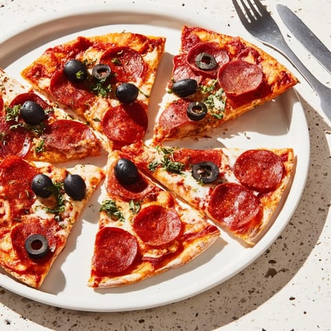 Sliced pepperoni and olive halves appetizer, showcasing vibrant pepperoni topped with glistening olive halves.