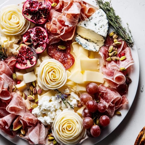 Exquisite detail in this Advanced Artisan Array appetizer with cheese roses and bountiful fruits.
