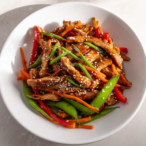 This Sweet Teriyaki Pork Stir-Fry presents a visually appealing medley with glossy, caramelized bits.