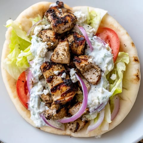 Beautifully grilled Greek Chicken Souvlaki Wraps, bursting with fresh vegetables and creamy tzatziki.
