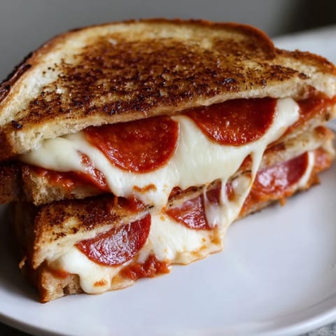 Crispy pepperoni and melted cheese layered inside this Pizza Grilled Cheese, ready to be sliced.