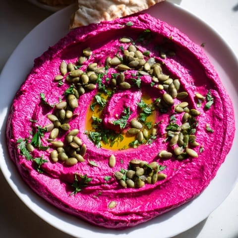 Vibrant pink Beet Hummus spread on toasted pita bread, garnished with herbs and seeds for an earthy, sweet appetizer.