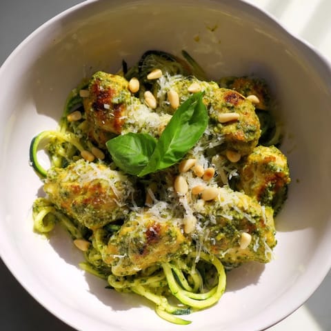 Pesto Zucchini Chicken Bowl featuring tender sautéed chicken, spiralized zucchini, and aromatic basil pesto, topped with toasted pine nuts for extra crunch.  