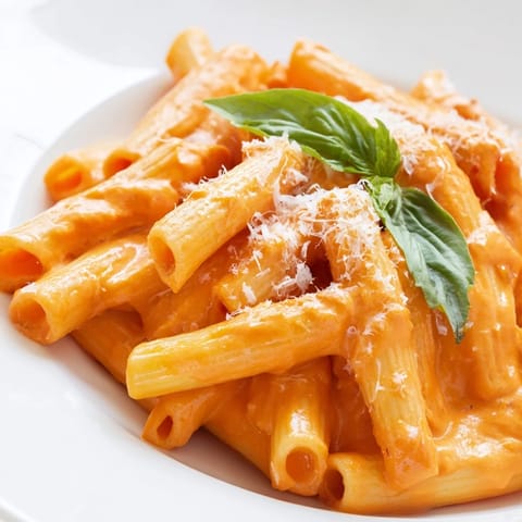 Fork twirling al dente rigatoni in a vibrant orange sauce made from roasted red peppers, garlic, and Parmesan.