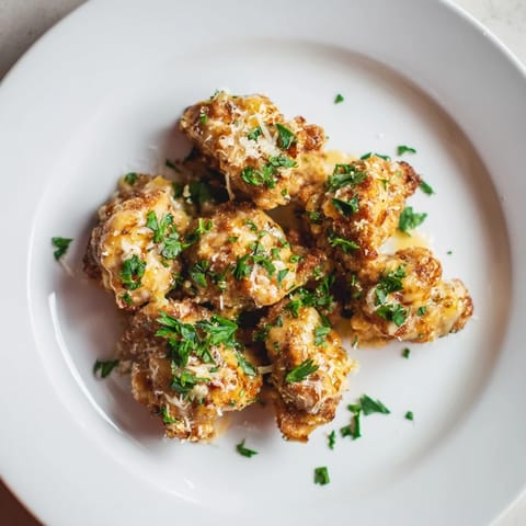 Tender, bite-sized chicken pieces coated in a rich Parmesan cream sauce, served hot in a skillet.