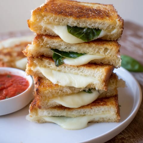 Fresh basil leaves and melted mozzarella are layered between buttery grilled bread, sliced into dippable strips for an appetizer.