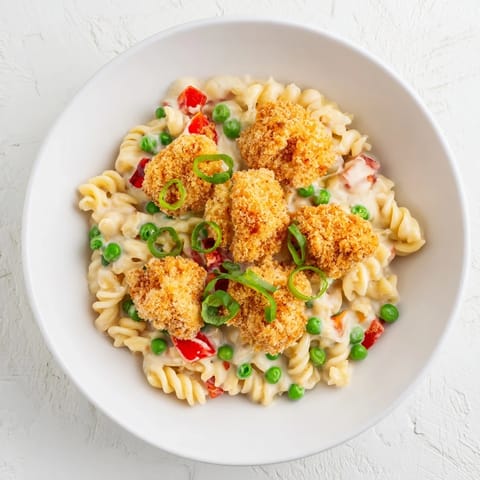 A fork lifts a bite of crispy chicken ranch pasta salad, showing tender chicken and fresh green onions on a plate.