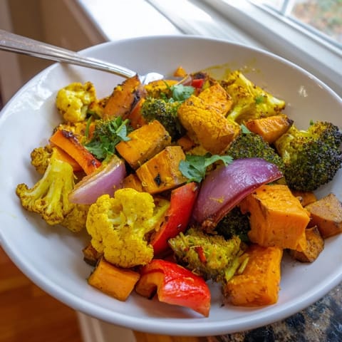 This easy Anti-Inflammatory Turmeric Roasted Vegetables recipe is served over fluffy quinoa, garnished with fresh cilantro and a bright lemon drizzle.  