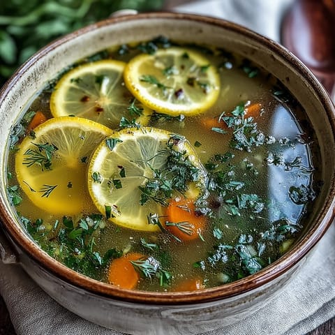 Steaming bowl of homemade Lemon Herb Soup with fresh parsley and dill garnish.