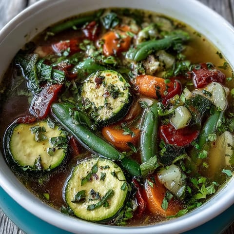 Italian Herb Vegetable Soup steaming in a rustic bowl, garnished with fresh parsley and a side of crusty bread.