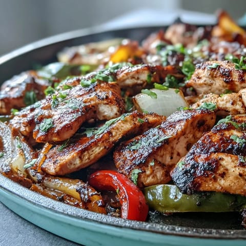 Sizzling Easy Chicken Fajitas topped with sour cream, salsa, and fresh cilantro on a plate.
