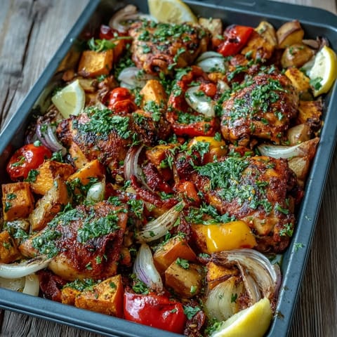 A vibrant Chicken and Sweet Potato Traybake with blistered cherry tomatoes, fresh herbs, and lemon wedges for serving.