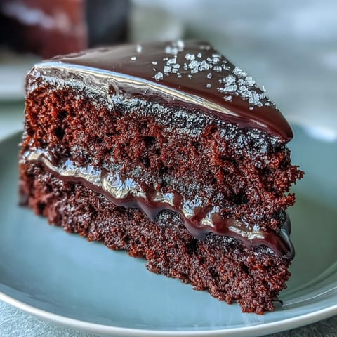 A close-up slice of Easy Chocolate Fudge Cake reveals a super-squidgy interior, served on a plate next to fresh berries and a cup of coffee.
