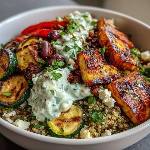 A generous dollop of creamy tzatziki, feta, and Kalamata olives crowns this vibrant, wholesome Mediterranean bowl.
