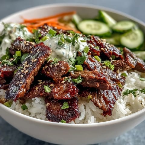 Close-up of a Korean Beef Power Bowl featuring seared beef, crisp veggies, and a drizzle of creamy sriracha mayo over rice.